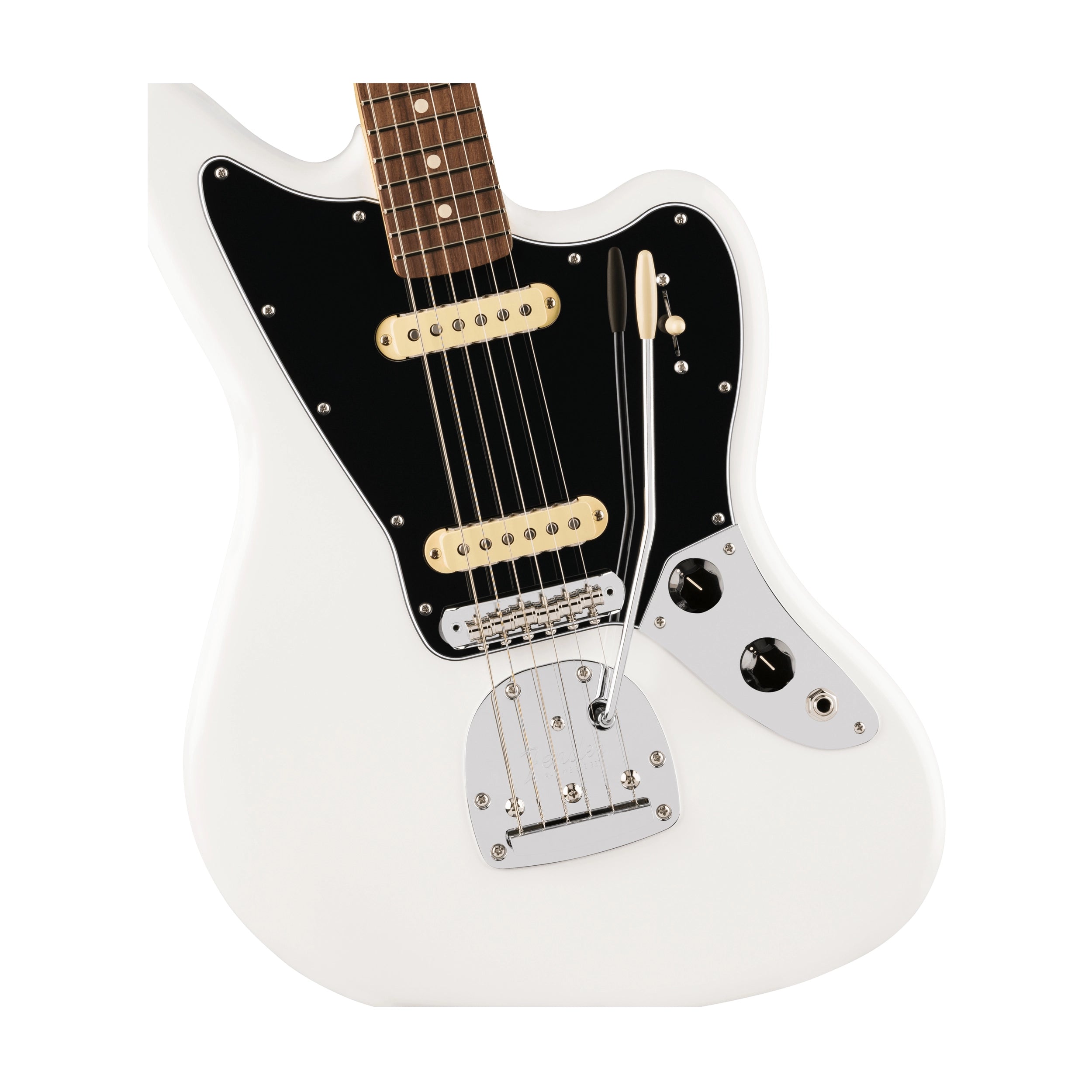 Close up view image of Fender Player Il Jaguar Electric Guitar - Polar White Color with black pickguard
