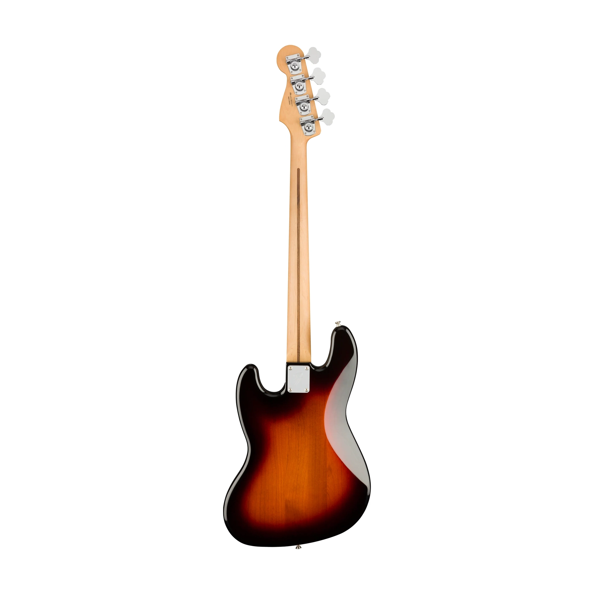 Back side of Fender Brand Electric jazz bass guitar with sunburst finish on a white background