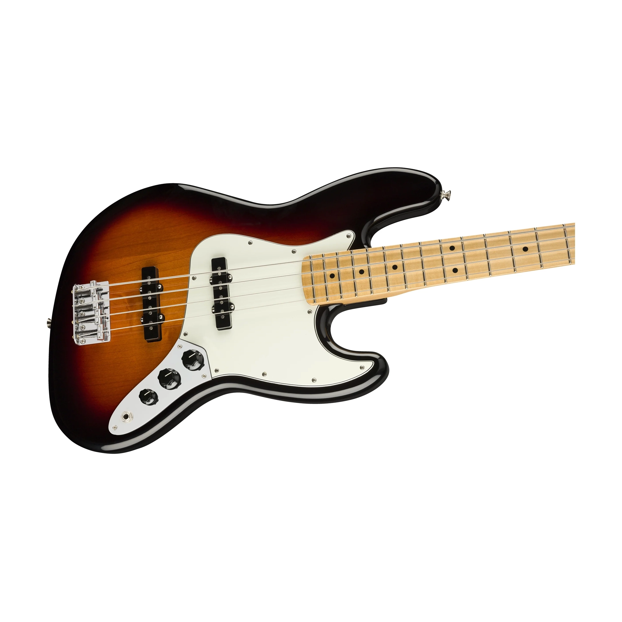 Close up on body for a Fender Brand Electric jazz bass guitar with sunburst finish on a white background