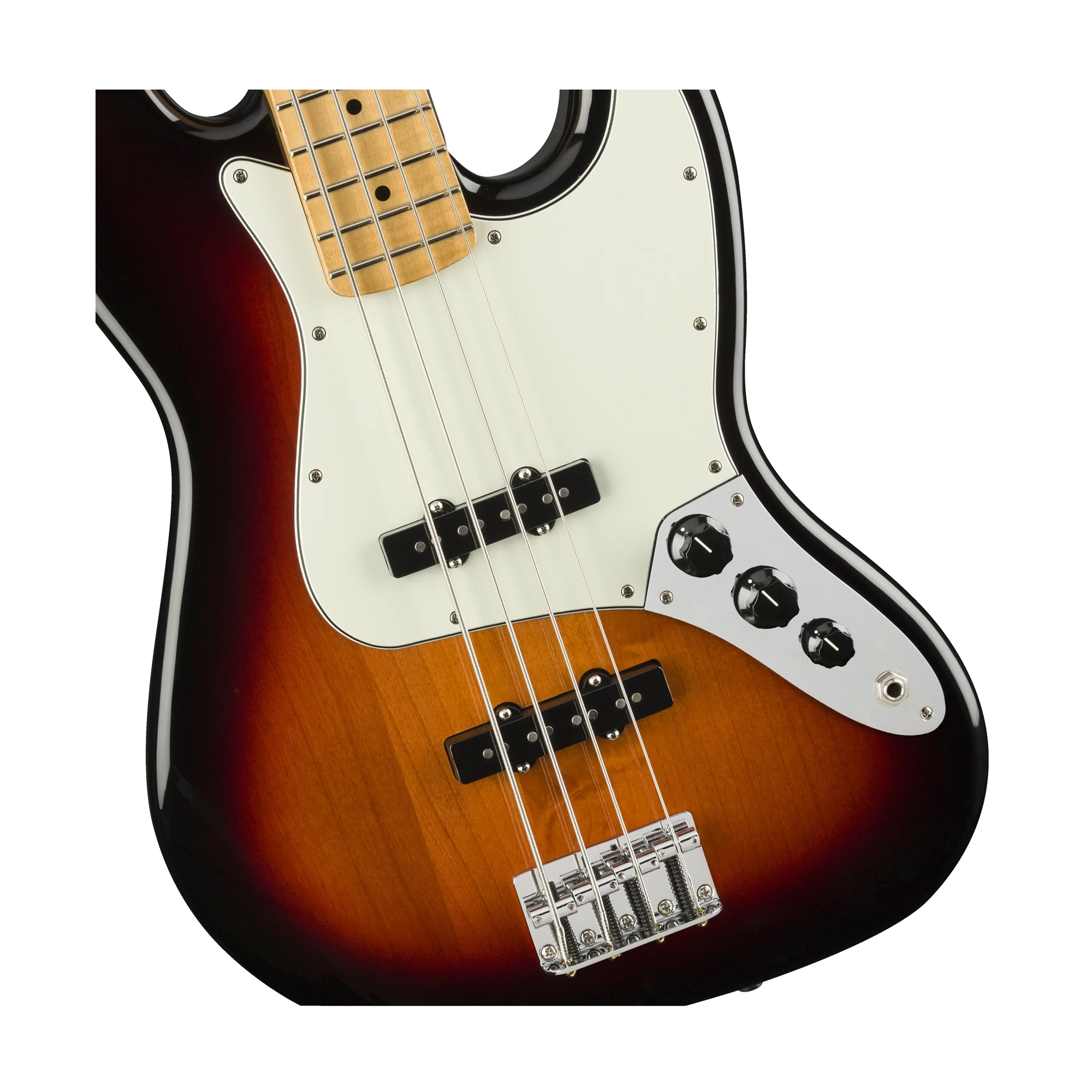 Close up on body for a Fender Brand Electric jazz bass guitar with sunburst finish on a white background
