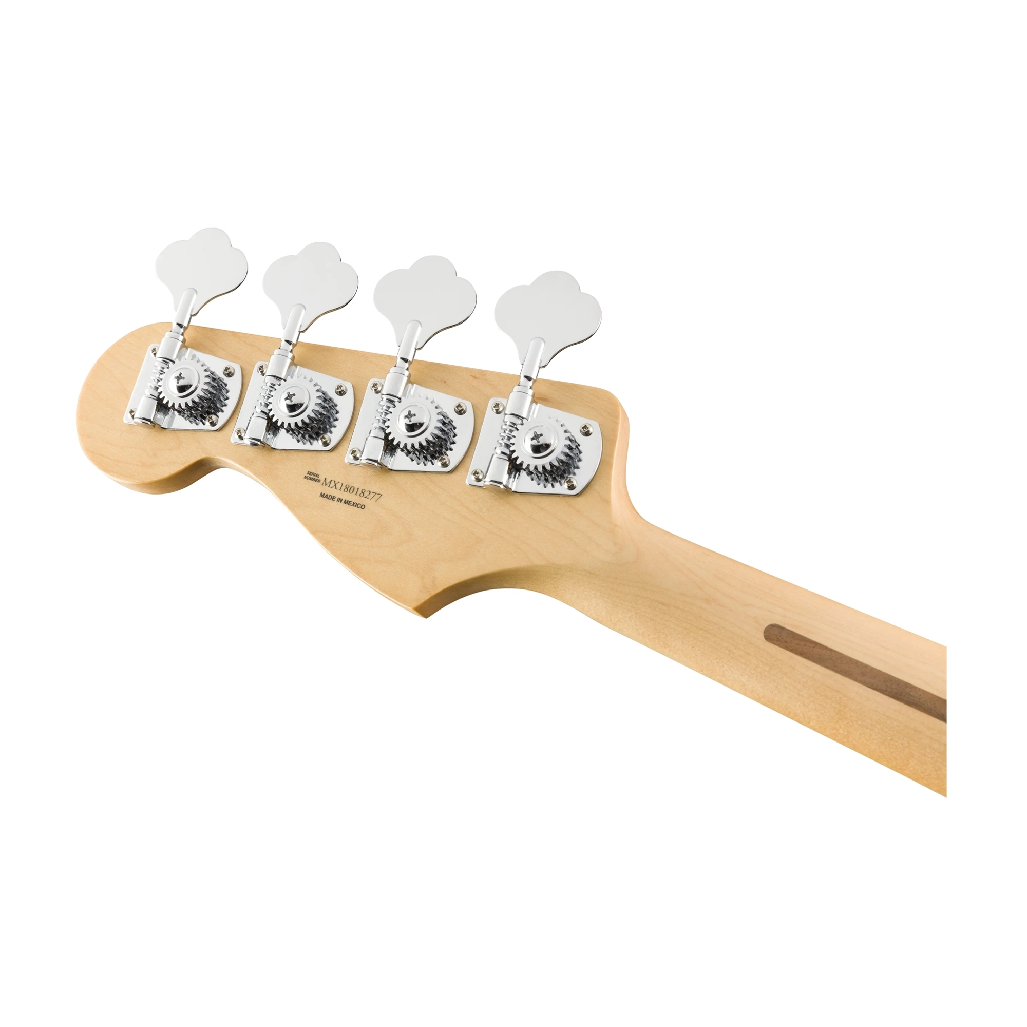 back side Headstock for Fender Brand Electric jazz bass guitar with sunburst finish on a white background