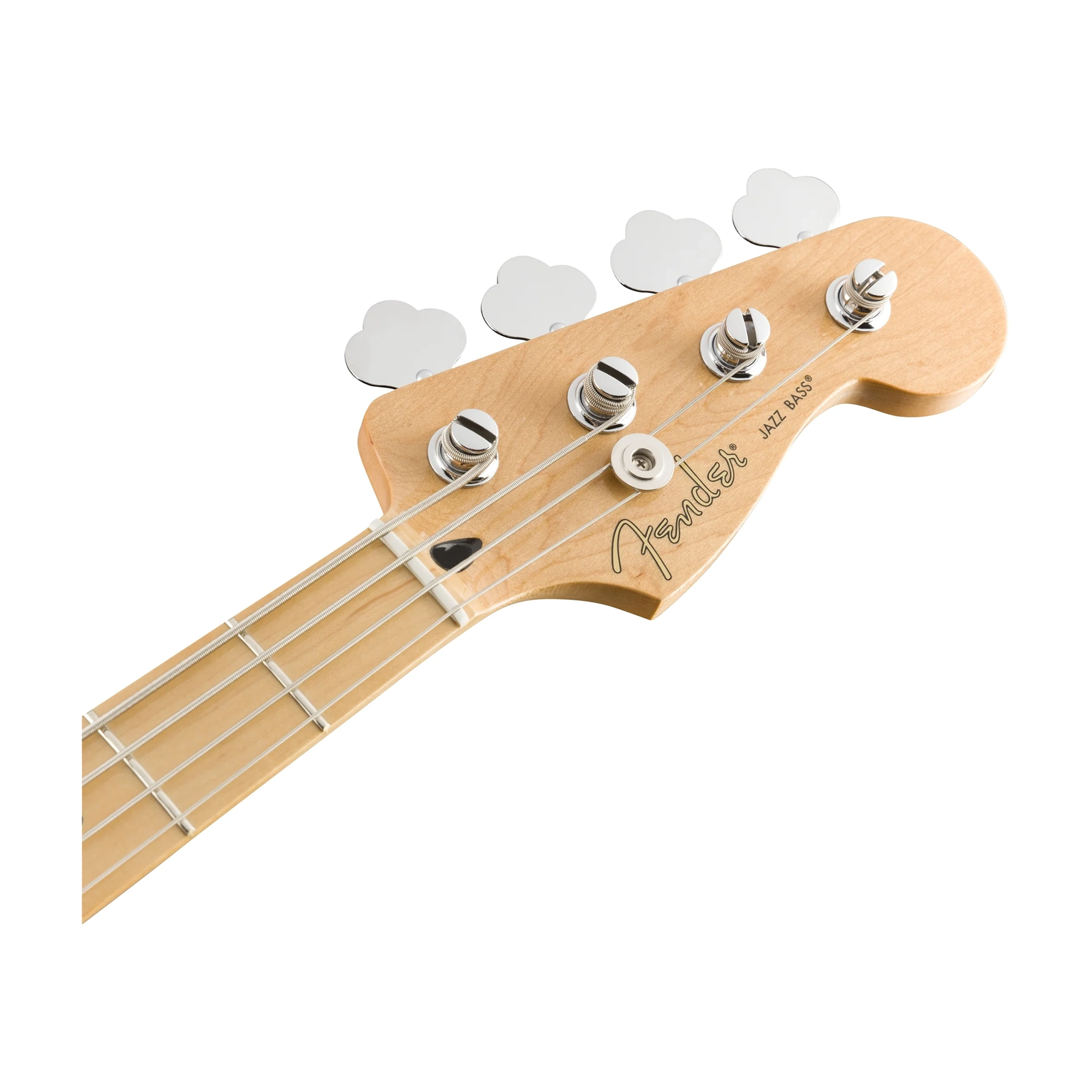 Headstock for Fender Brand Electric jazz bass guitar with sunburst finish on a white background