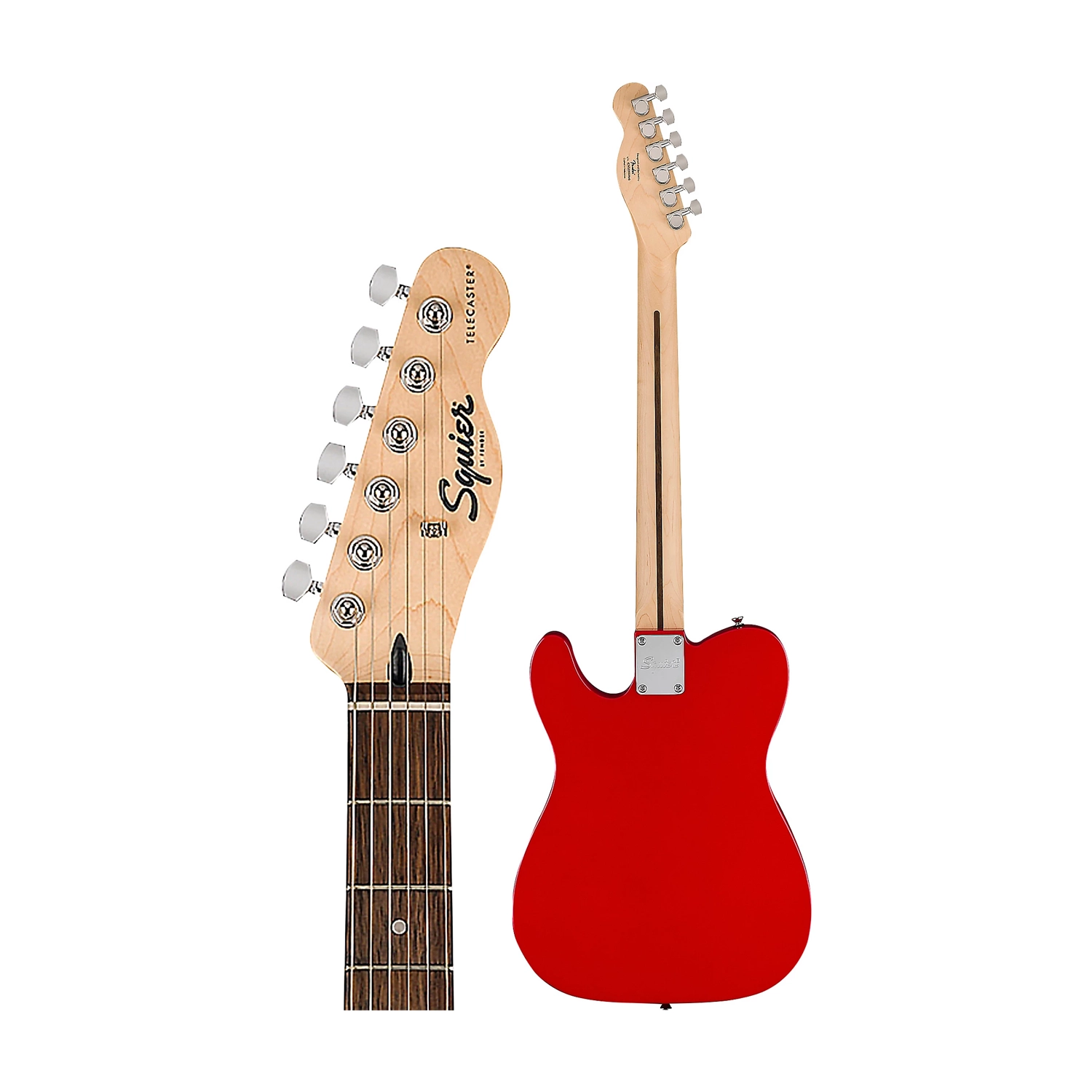 Squier Sonic Telecaster Electric Guitar - Torino Red Headstock close up and back body view