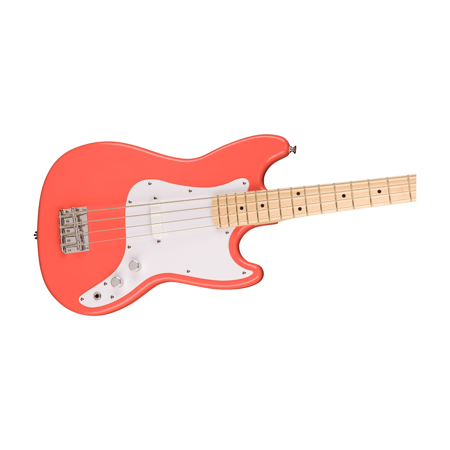Squier Sonic Bronco Electric Bass Guitar - Tahitian Coral front side view Body Close up