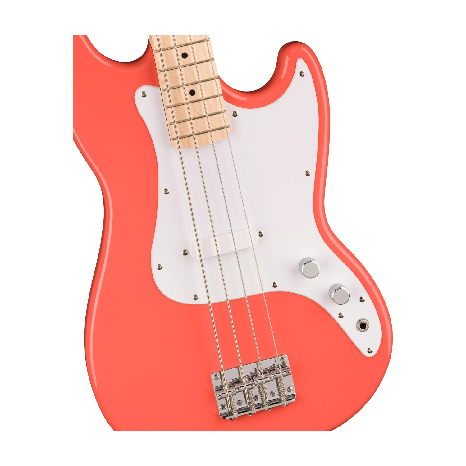 Squier Sonic Bronco Electric Bass Guitar - Tahitian Coral front side view body close up
