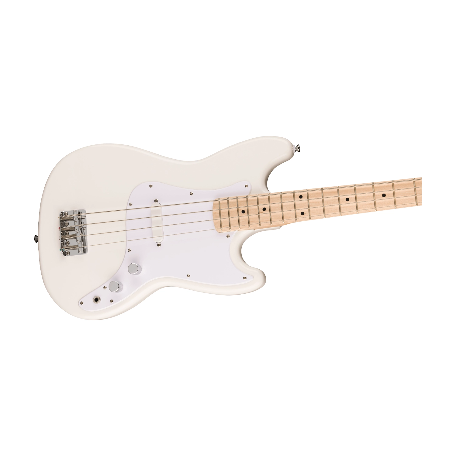 Squier Sonic Bronco Electric Bass Guitar - Artic White front side view close up body