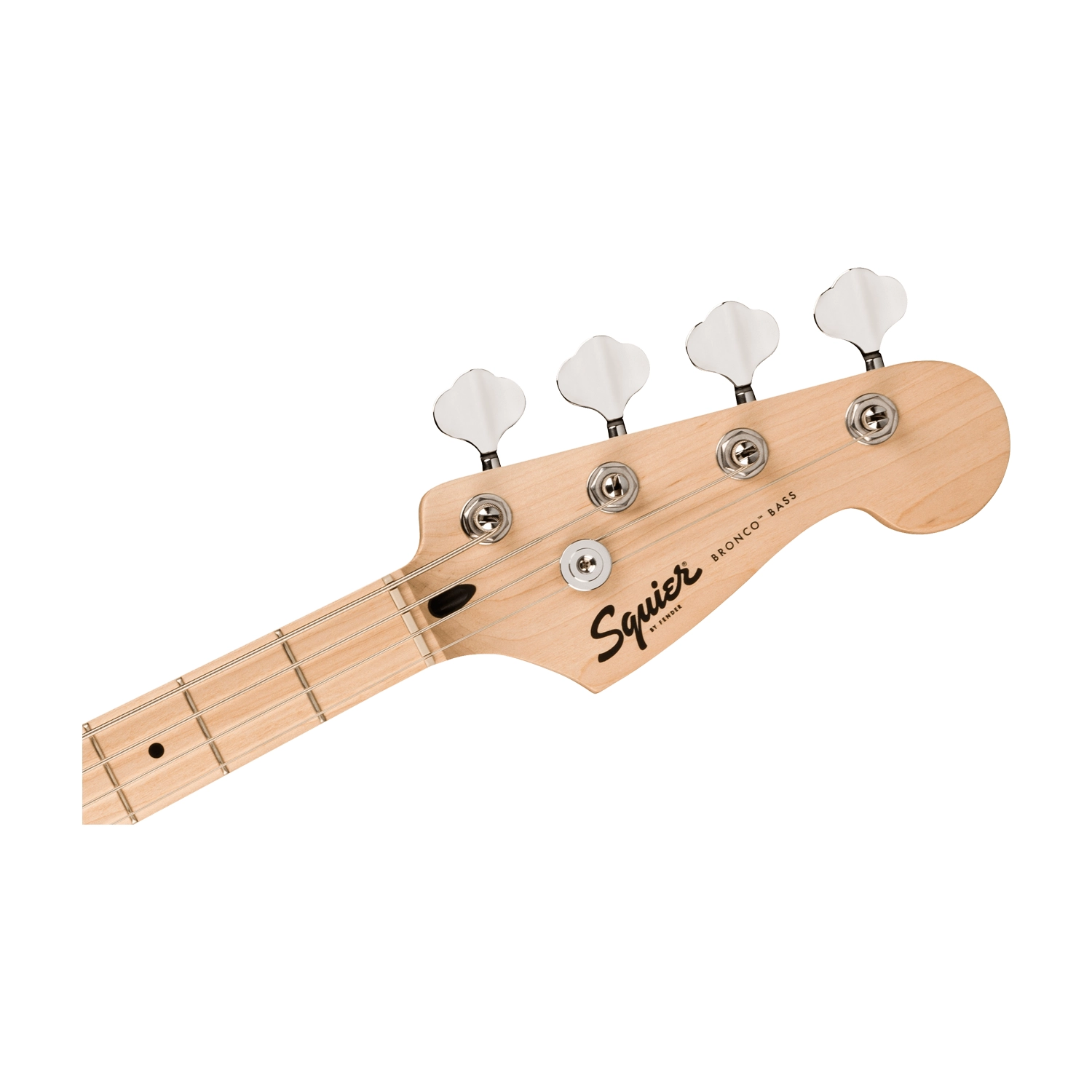 Squier Sonic Bronco Electric Bass Guitar - Artic White front side view Headstock close up