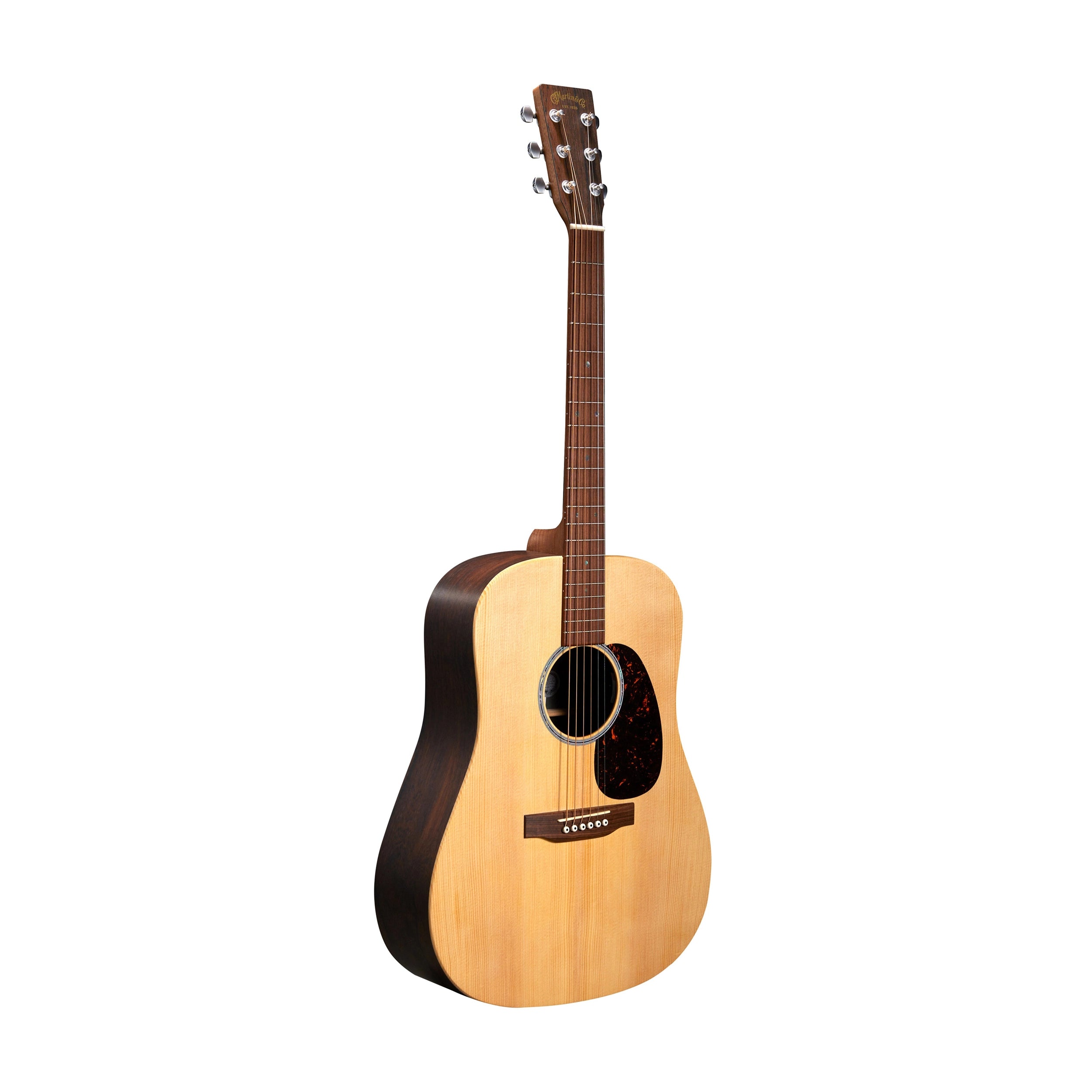 Front tilted view of Martin D-X2E Dreadnought Acoustic-Electric Guitar - Spruce & Brazilian Rosewood Side