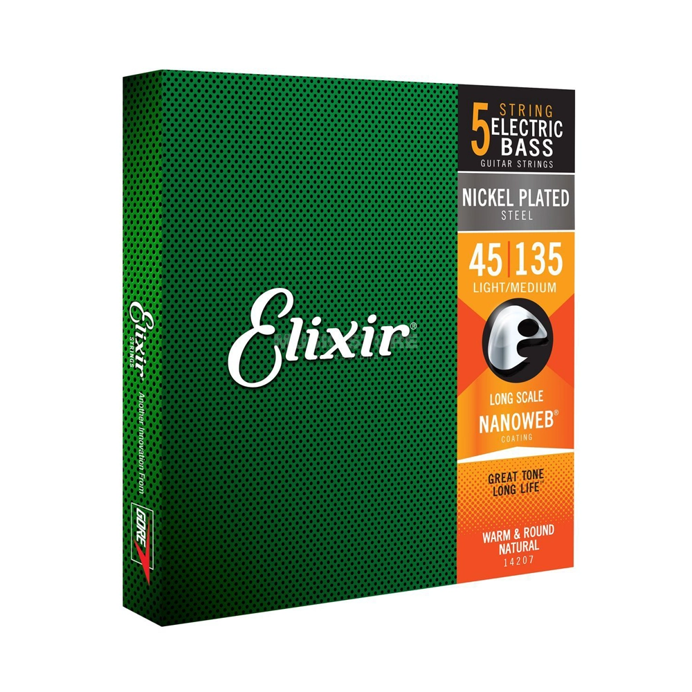 Elixir Strings Nanoweb Electric Bass Guitar Strings -.045-.135 Long Scale, 5-string