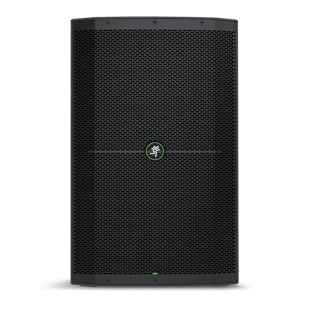 Front view of a black Mackie Thump215XT 15-inch powered loudspeaker with a visible logo and a green accent on the power switch.