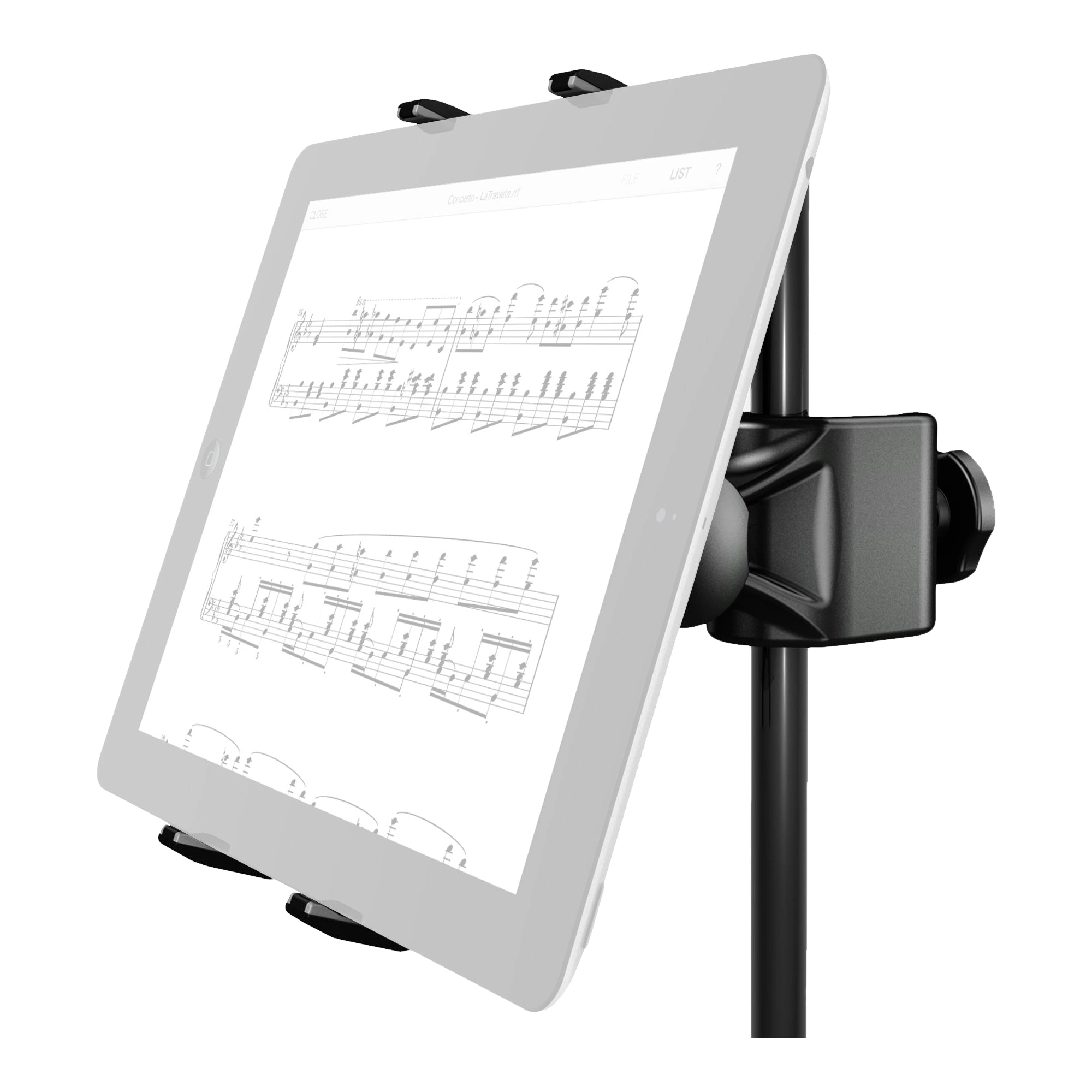 View with tablet of IK Multimedia iKlip Xpand Holding Bracket - IP-IKLIP-XPAND-IN