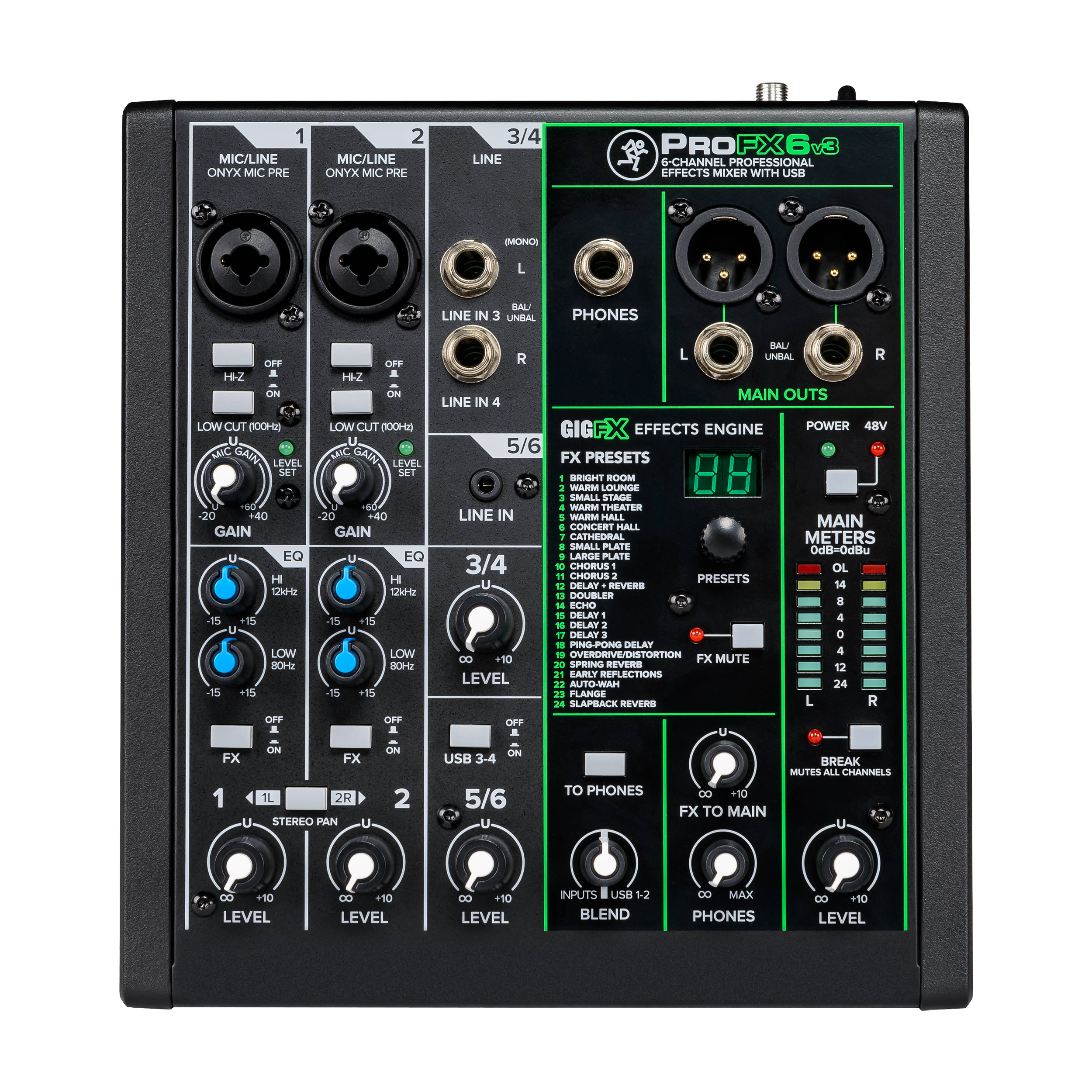 Front view of Mackie ProFX6v3 6-Channel Professional Effects Mixer with USB, showing various control knobs, buttons, and inputs/outputs