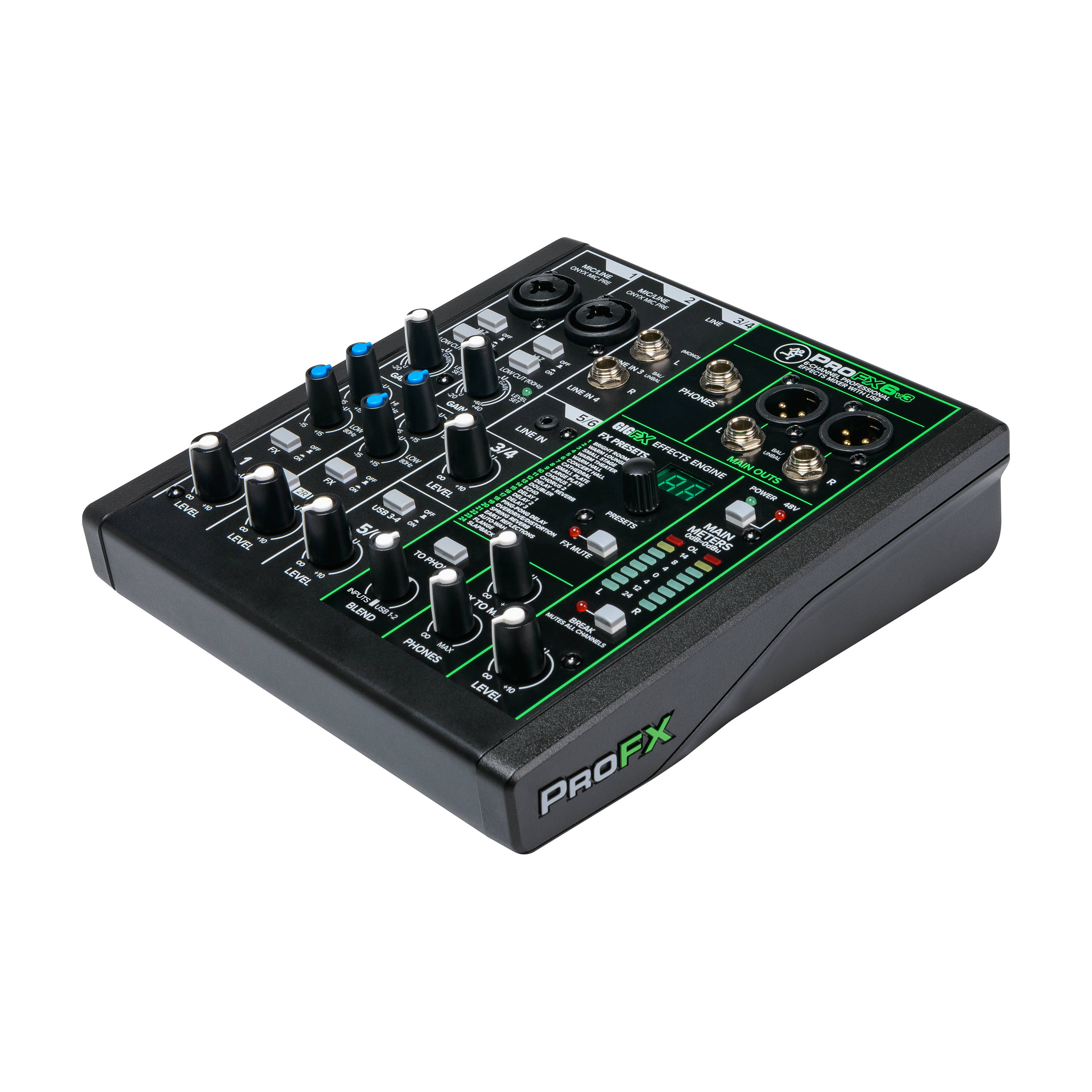 Right side tilted view of Mackie ProFX6v3 6-Channel Professional Effects Mixer with USB, showing various control knobs, buttons, and inputs/outputs