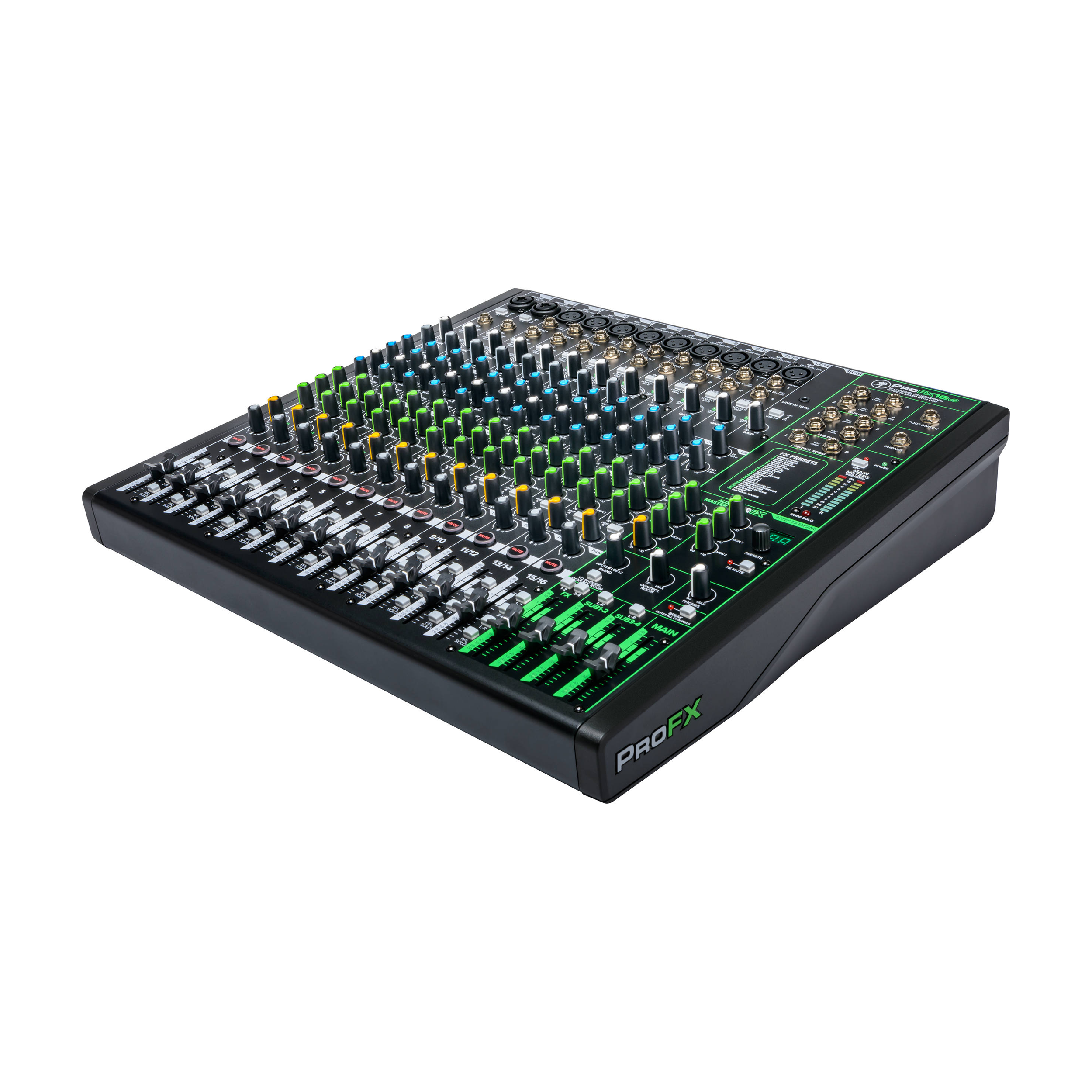 Mackie PROFX16V3 16-Channel 4-Bus Professional Effects Mixer right side view showing knobs, faders, buttons, fx panel and xlr/1/4" inputs