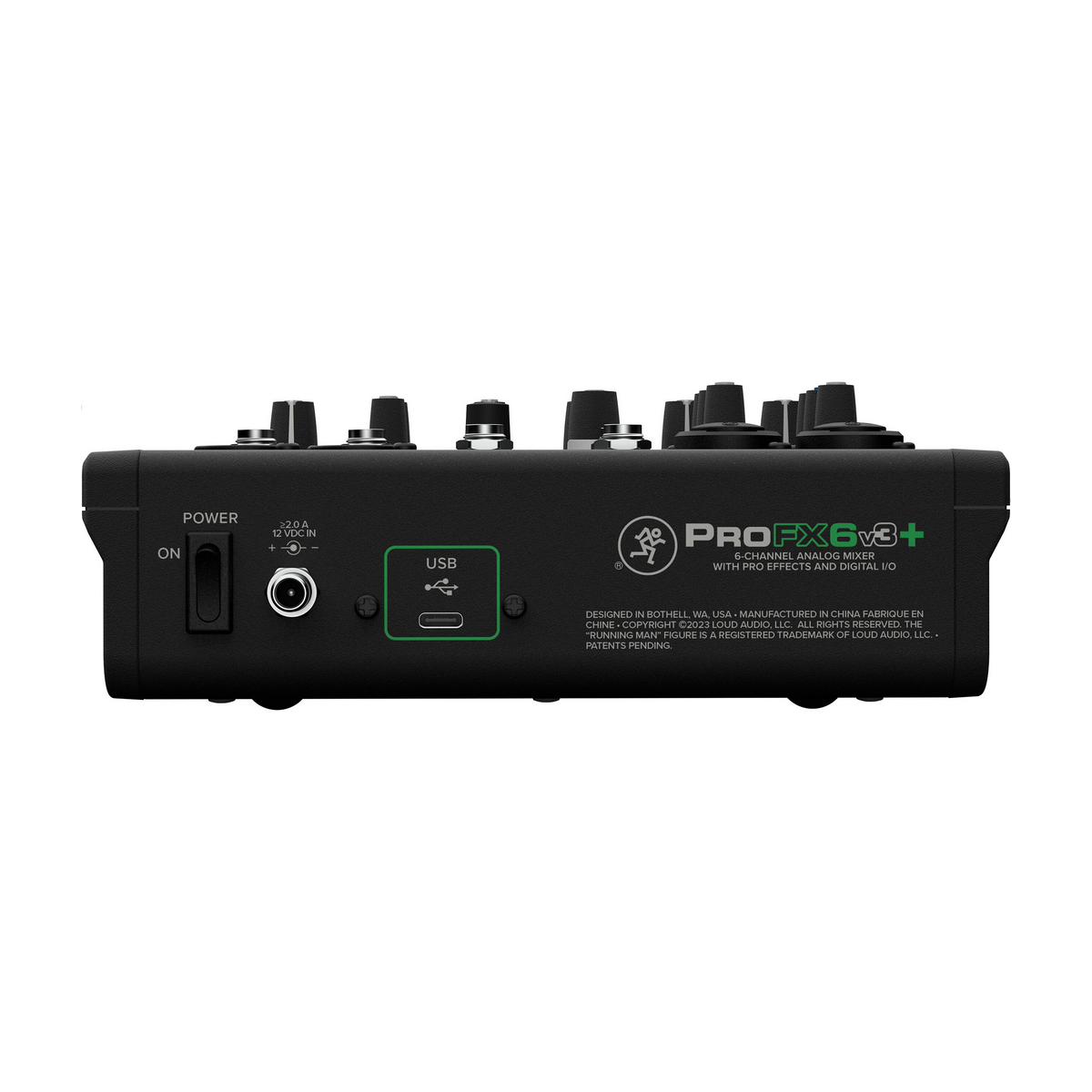 Mackie Profx6v3+ 6-channel mixer back panel view showing power supply input, on/off switch and usb-c port