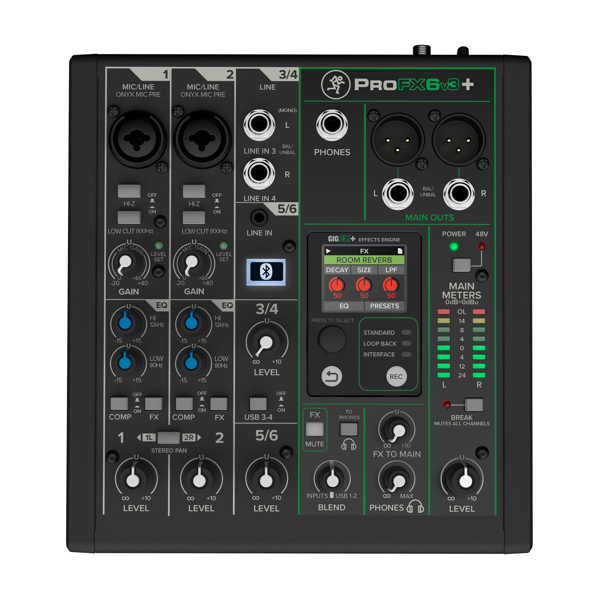 Mackie Profx6v3+ 6-channel mixer top view showing gain and eq knobs, fx panel and xlr/1/4" inputs and outputs