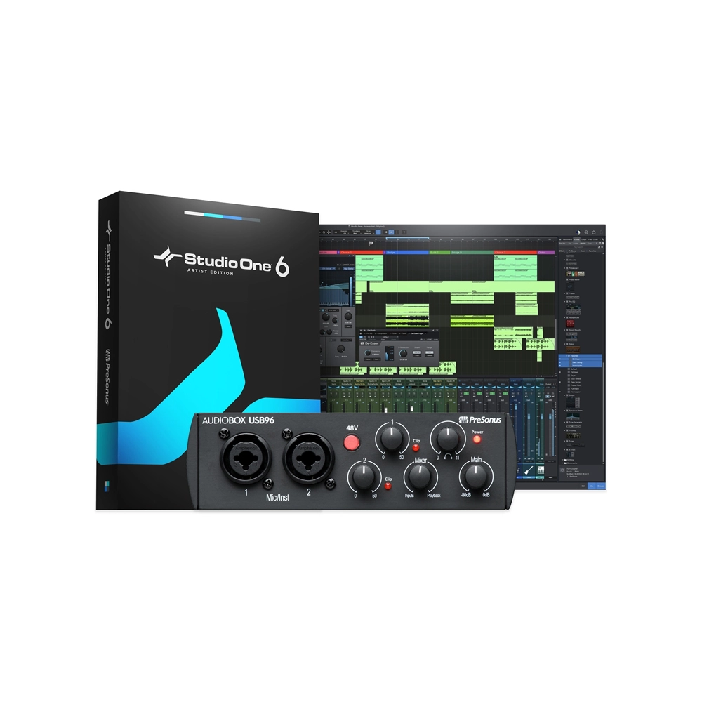 AudioBox USB 96: portable 2‑in/2‑out interface with pro preamps, loud headphones, MIDI, 24‑bit/96k audio, USB‑powered, plus Studio One Artist + Magic Suite.