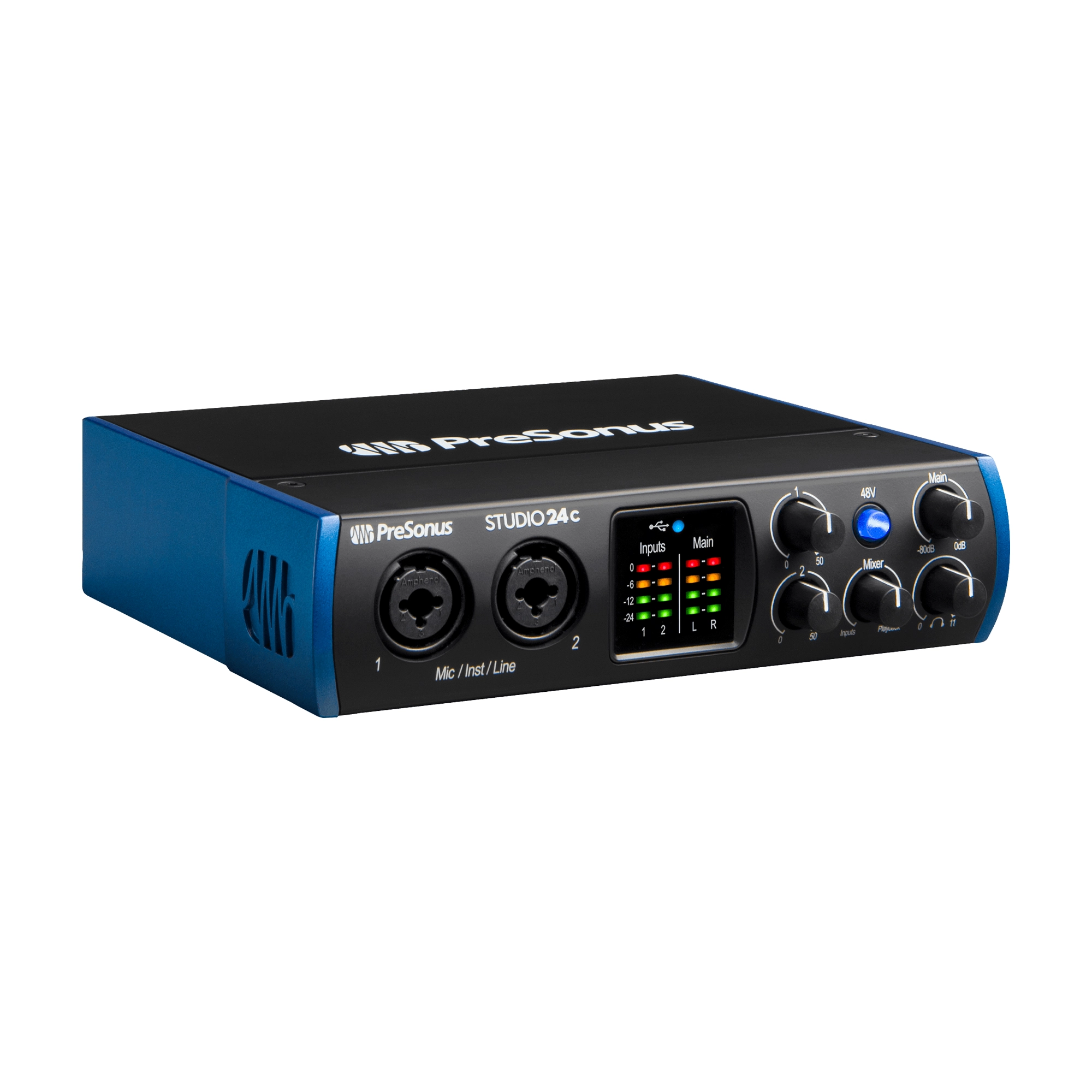 PreSonus Studio 24c audio interface with blue and black design on a white background
