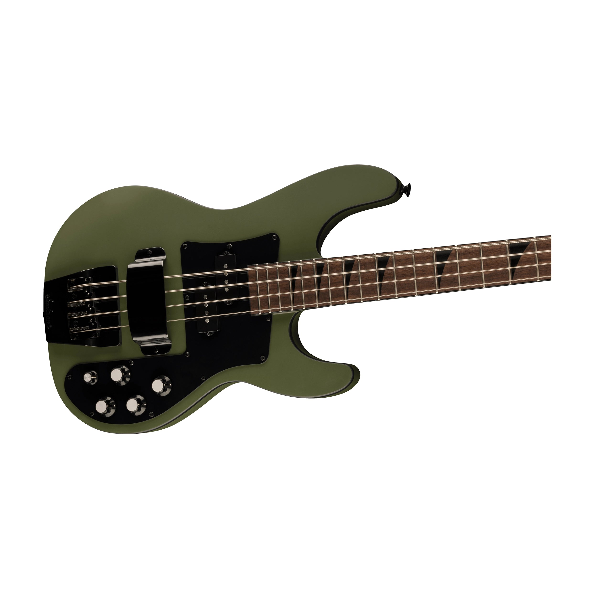 Close-up view of Jackson X Series Concert Electric Bass CBXNT DX IV - Matte Army Drab with black pickguard
