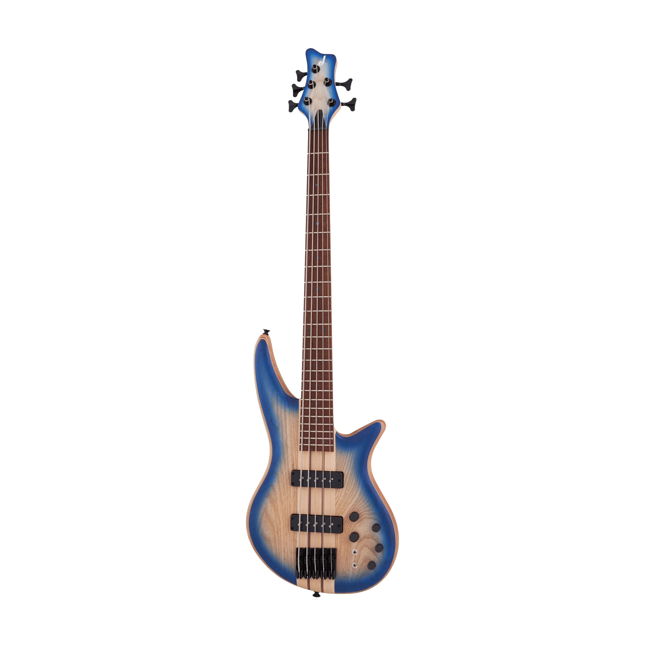 Jackson Pro Series Spectra Bass SB V Poplar Burl - Blue Burst on a white background.