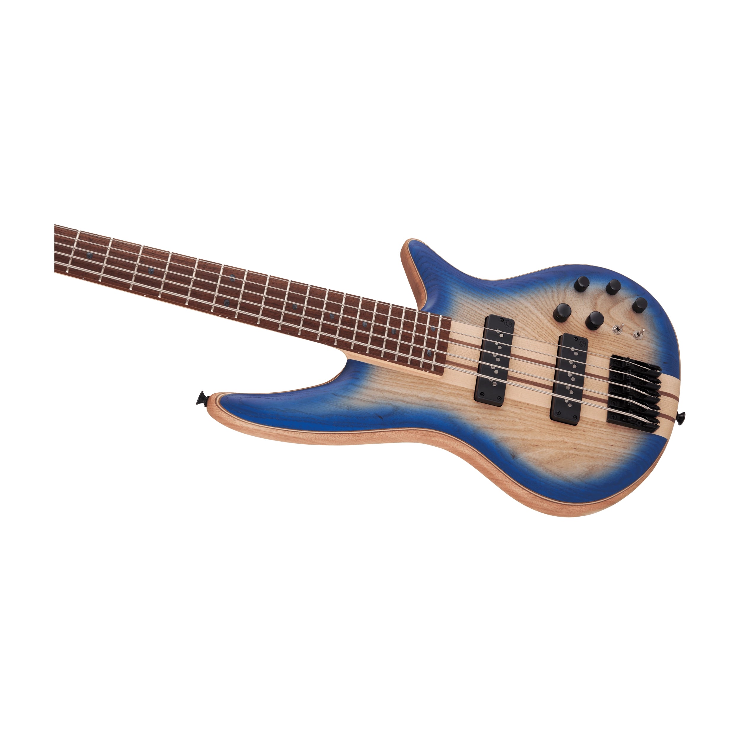 Clase up of Jackson Pro Series Spectra Bass SB V Poplar Burl - Blue Burst on a white background.