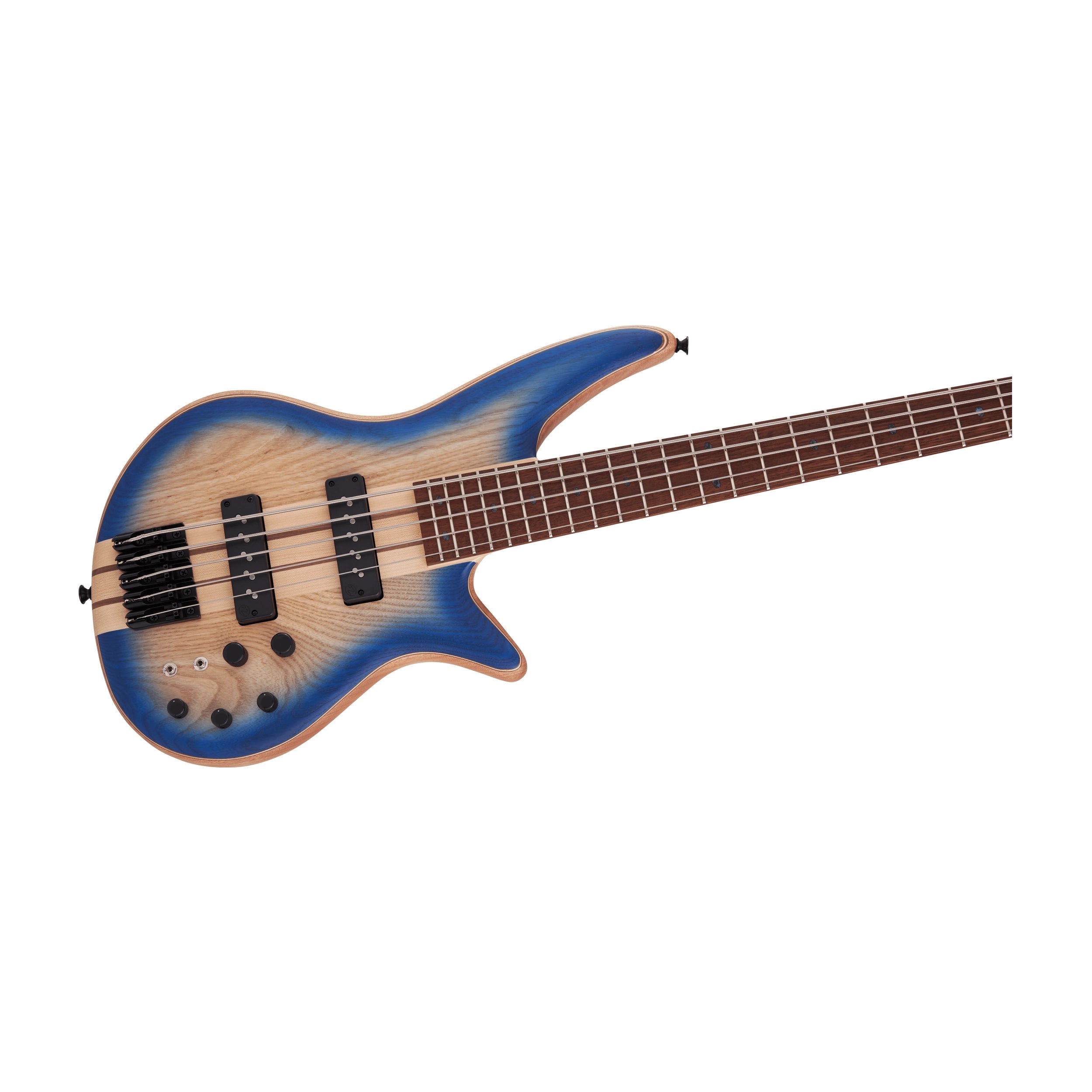 Clase up of Jackson Pro Series Spectra Bass SB V Poplar Burl - Blue Burst on a white background.