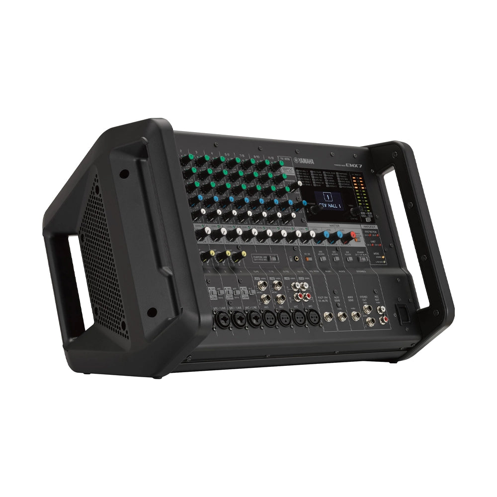 Front angle view of Yamaha EMX7 12-Input Powered Mixer