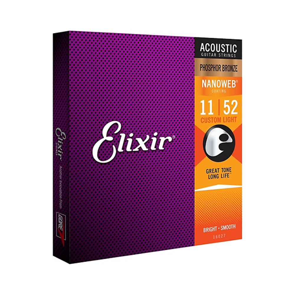 Elixir 16027 Phosphor Bronze Acoustic Guitar Strings with NANOWEB Coating, Custom Light (.011-.052)