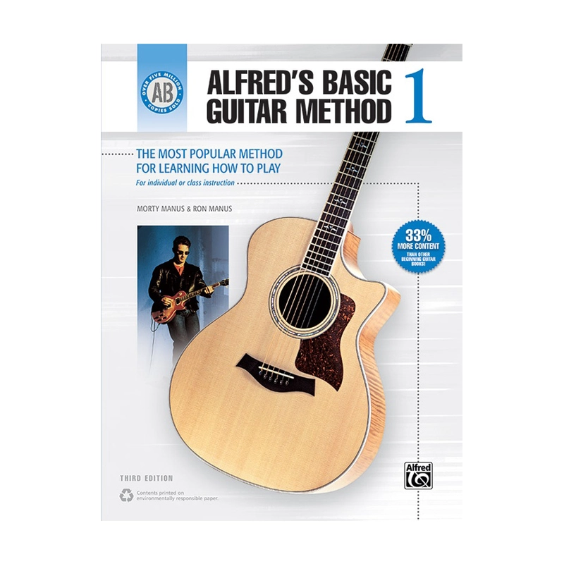 Book cover of Alfred's Basic Guitar Method 1 with a guitar illustration and text on a white background