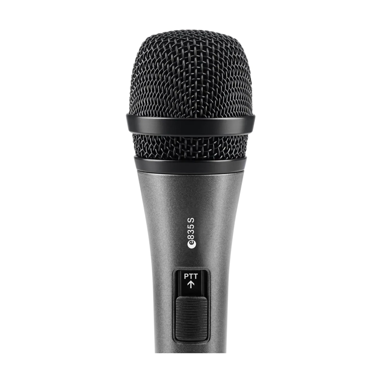 Sennheiser E 835-S-PTT close up, on white background.