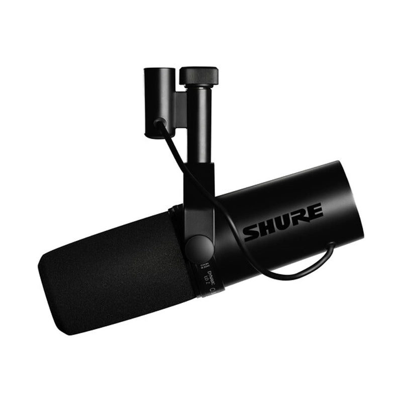 Shure SM7dB dynamic vocal microphone with built-in preamp, showing the microphone capsule and the mounting yoke.