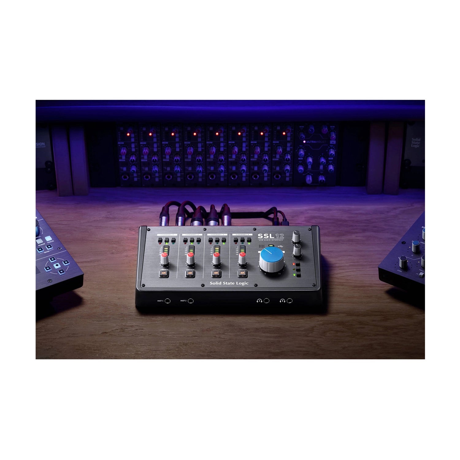 Solid State Logic audio interface on a studio desk
