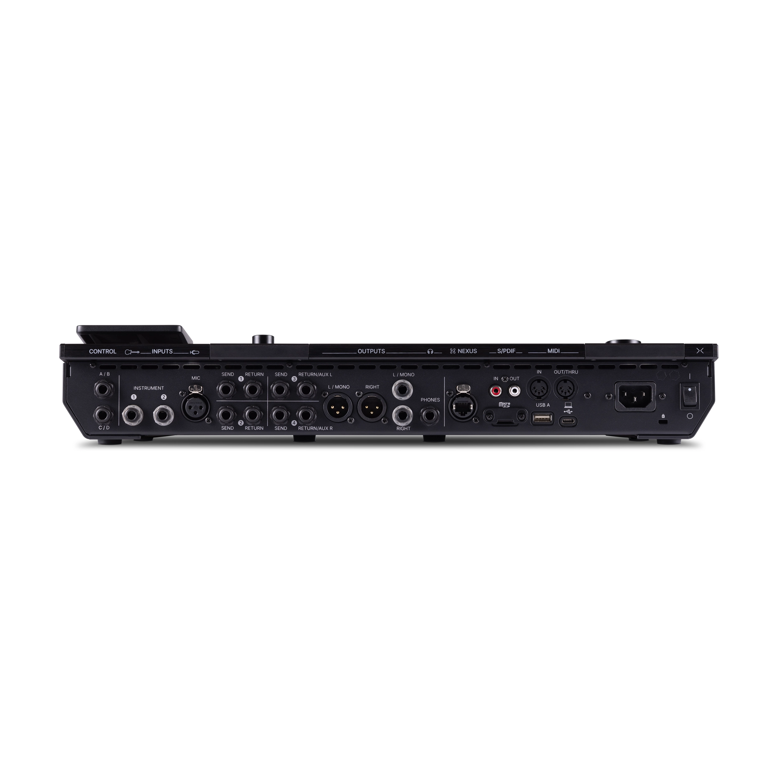 Back view of Line 6 Helix Stadium XL with various ports on a white background