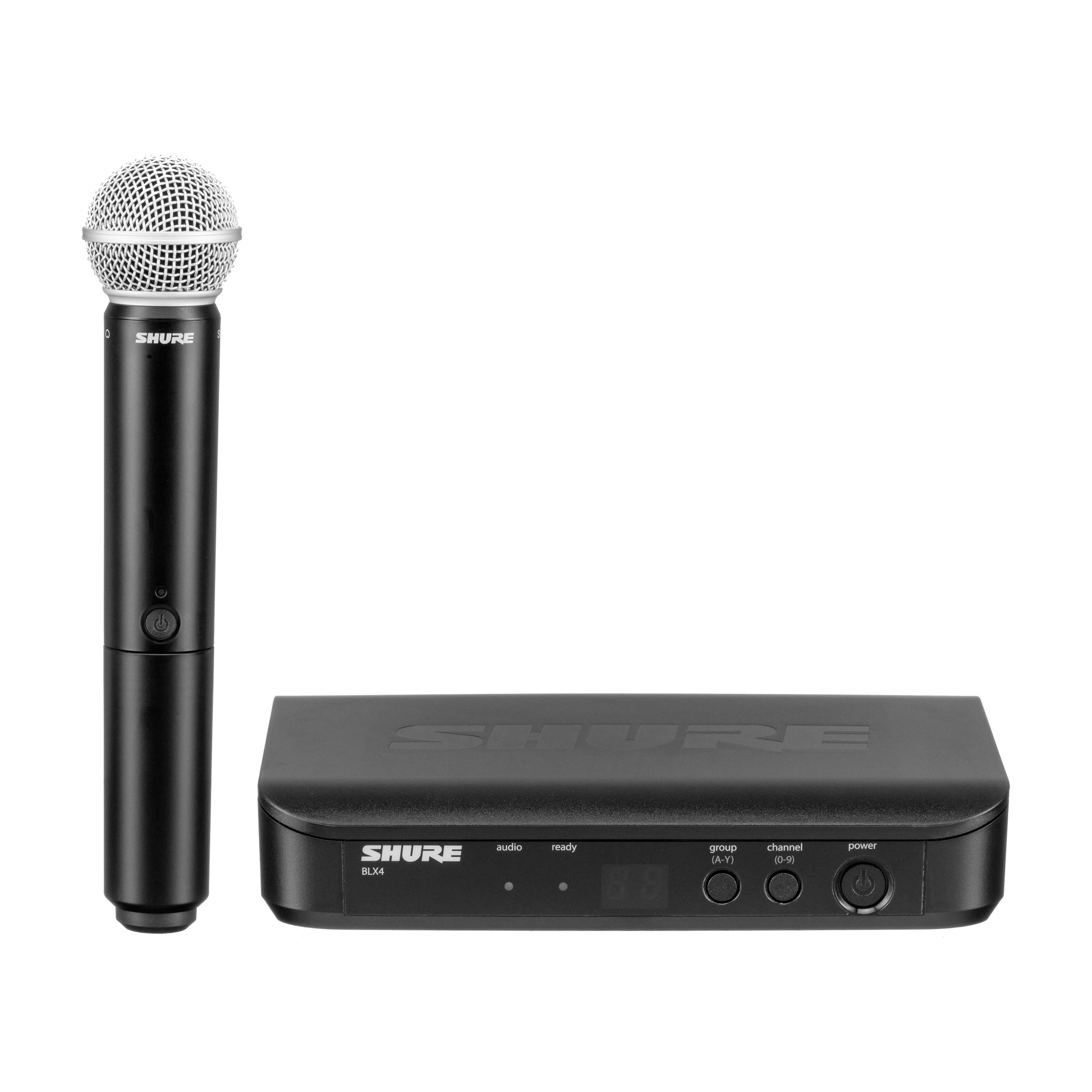 Shure wireless microphone and receiver on a white background