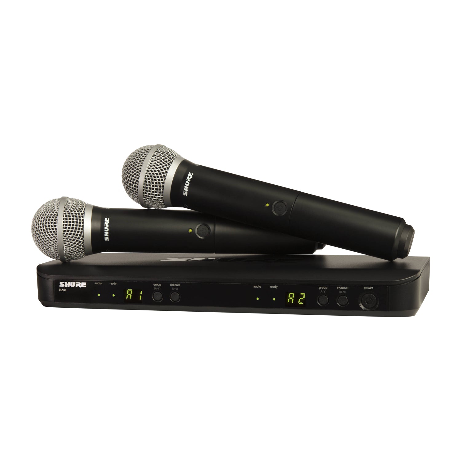 Shure wireless microphone system with two handheld microphones on a white background