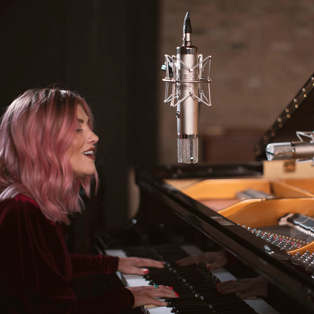 View of Warm Audio WA-CX12 Tube Condenser Microphone in a grand piano