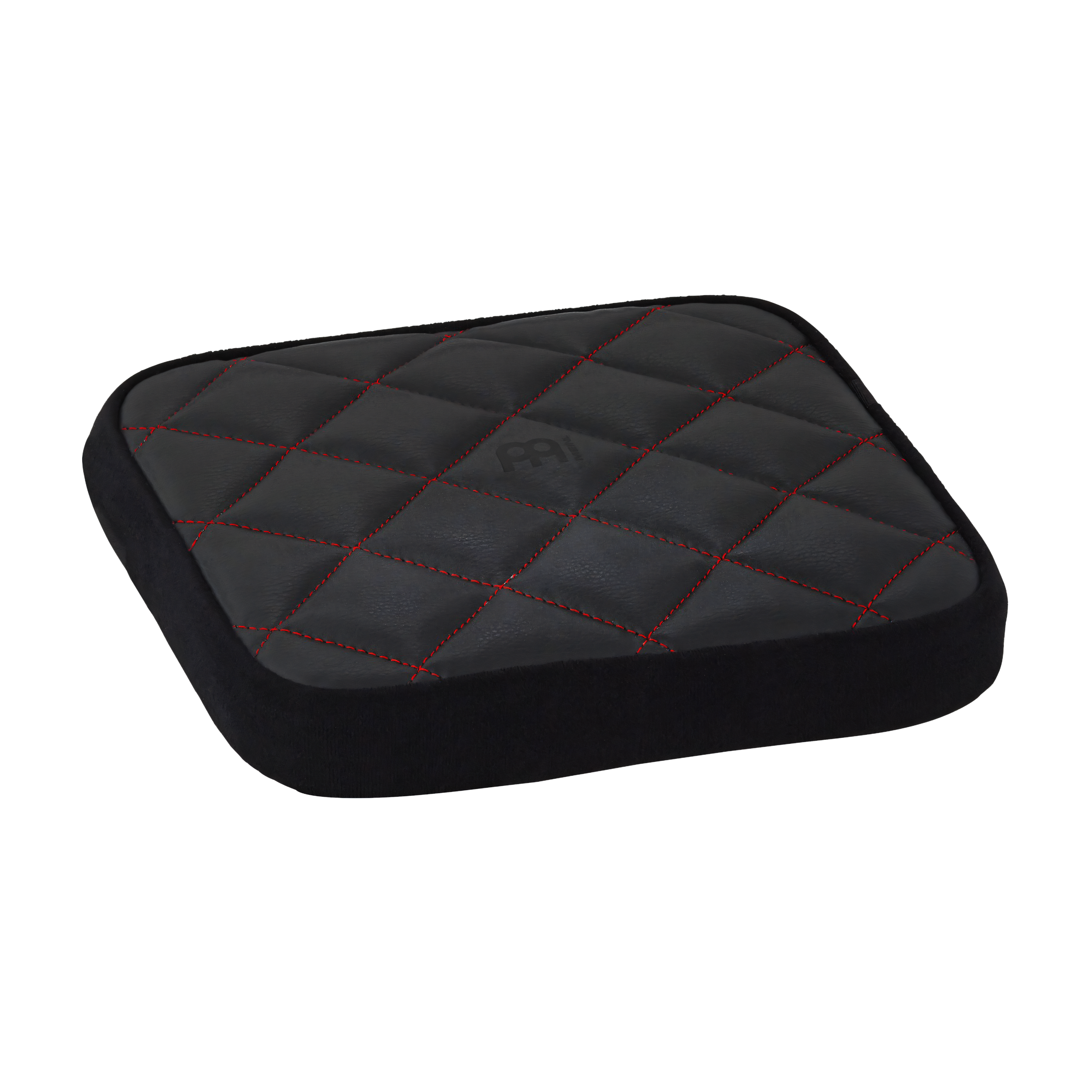 Black quilted seat cover with red stitching on a white background