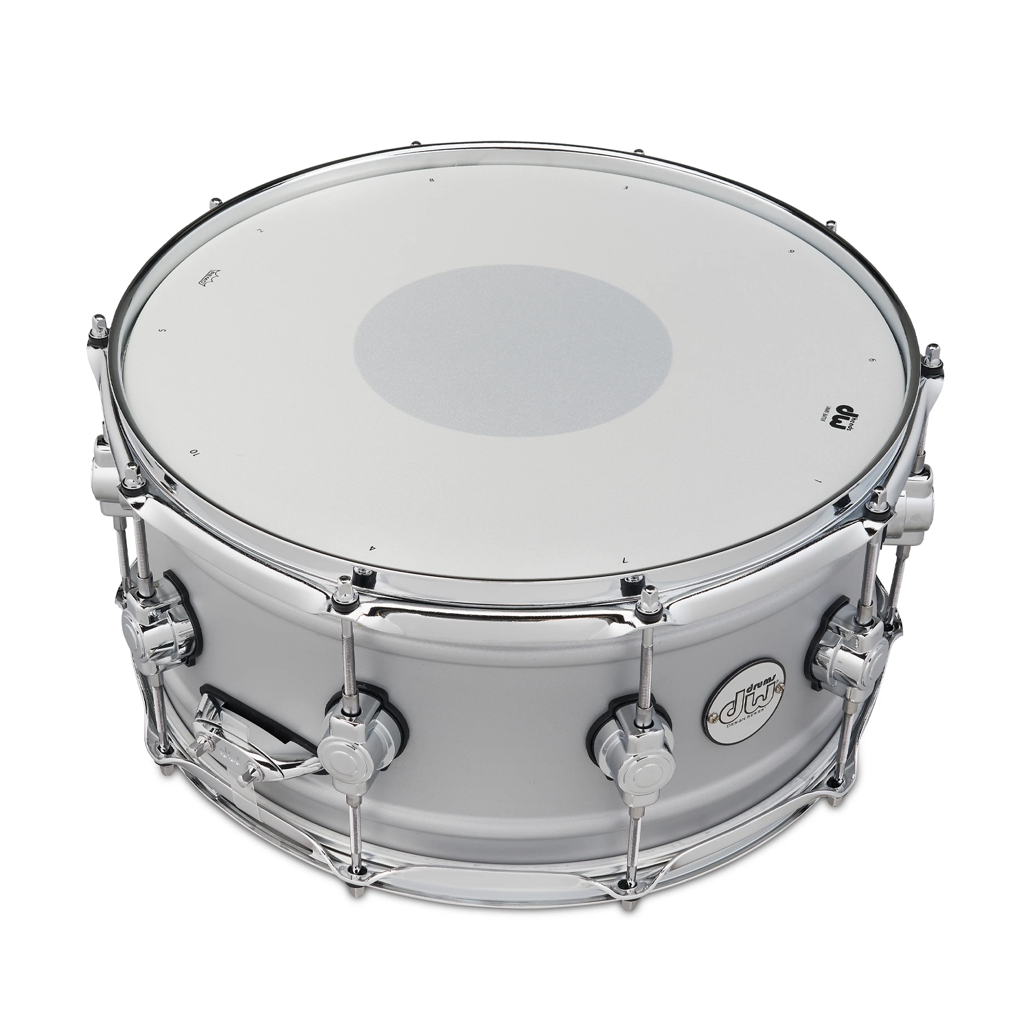DW Design Series 6.5" X 14" Aluminum Snare Drum - Matte Aluminum front top view