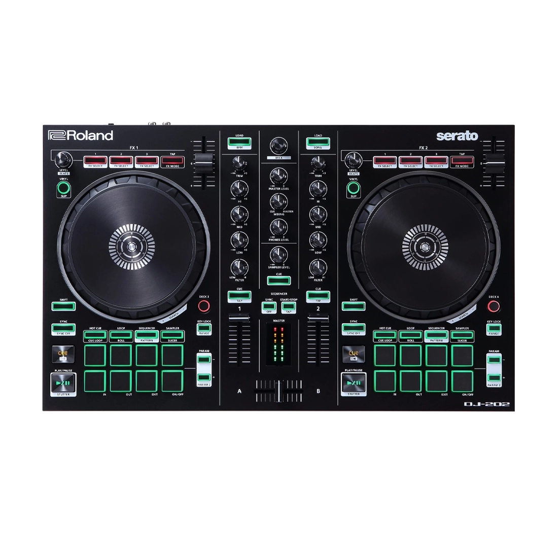 Front view of Roland DJ-202 2-channel Serato DJ Controller with Drum Machine