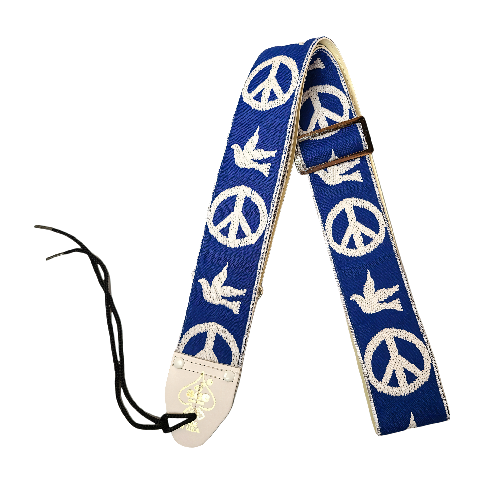 Full view of D'Andrea DN-ACE06 Ace Vintage Reissue Guitar Strap Peace & Dove - Blue