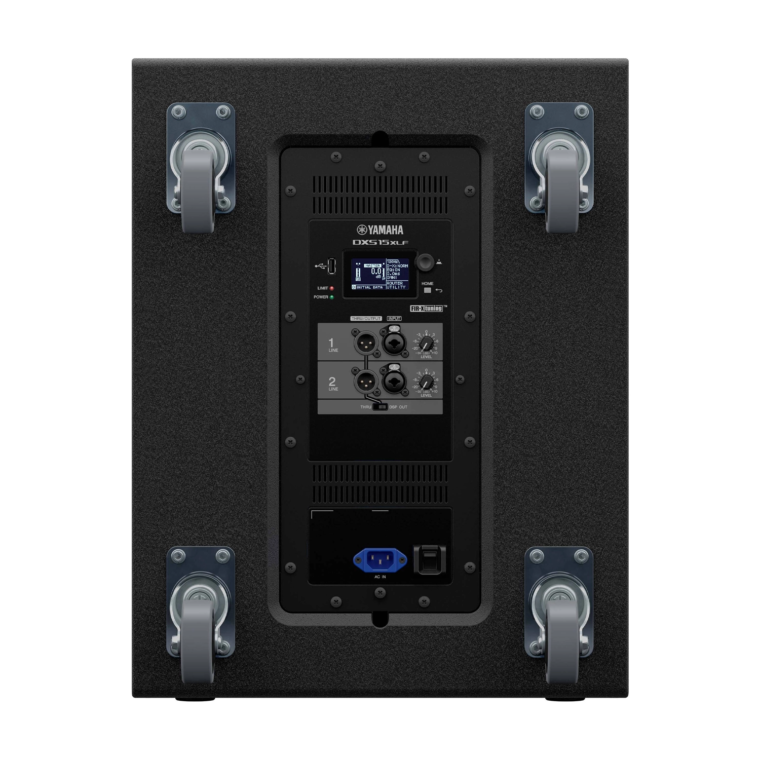 Yamaha DXS15XLF 1600W 15" Powered Subwoofer back panel view with wheels
