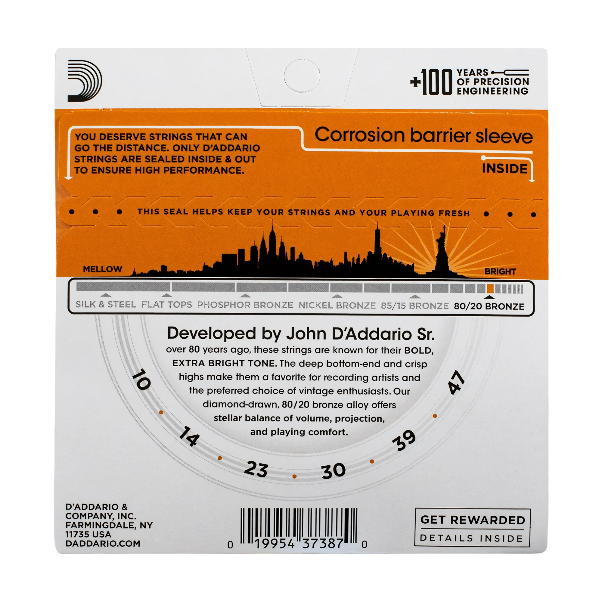 D’Addario EJ10-E 80/20 Bronze, Cuerdas para Guitarra Acústica Extra Light, Calibre 10-47, 1ra Cuerda Extra GRATIS