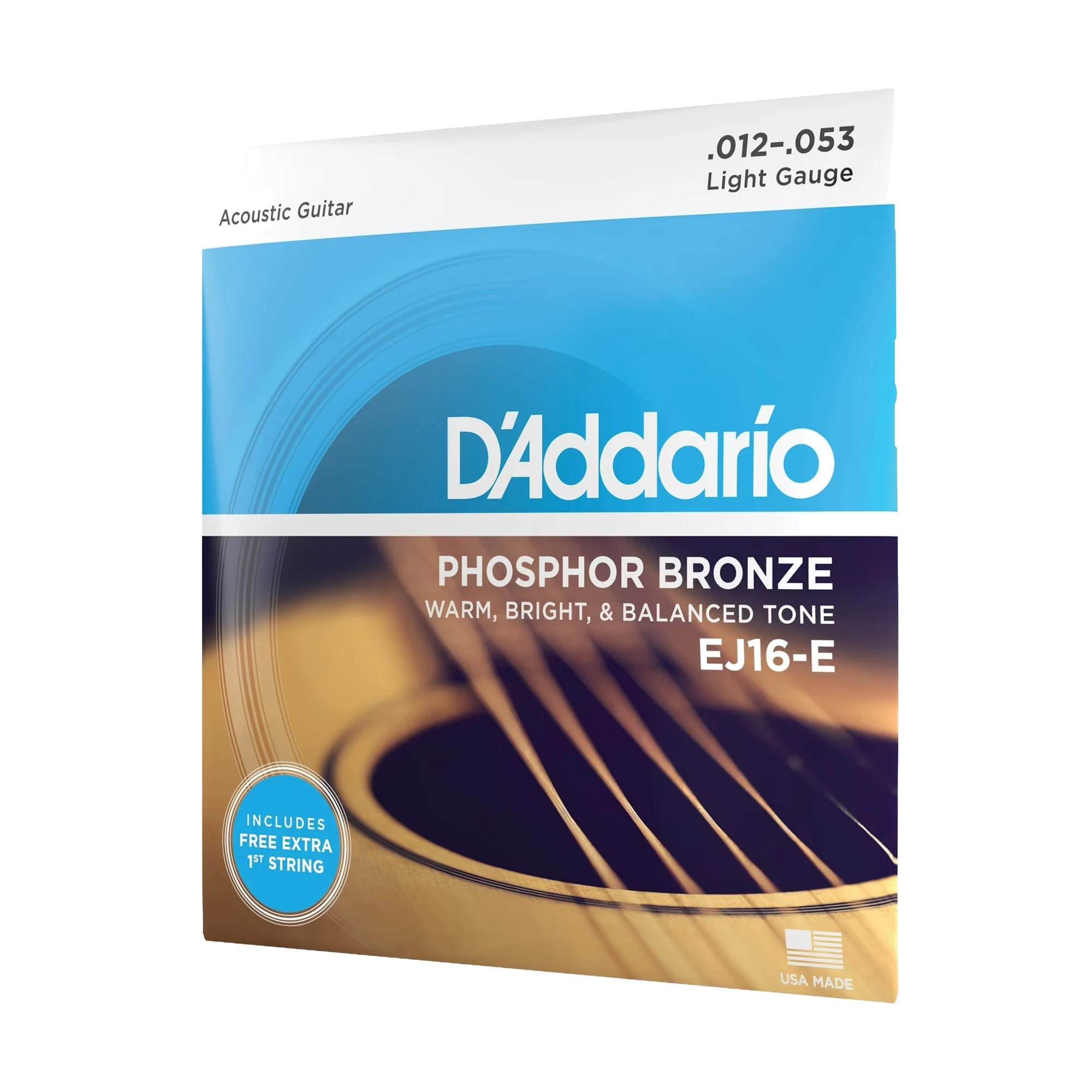 D’Addario EJ16-E Phosphor Bronze Acoustic Guitar Strings, 12-53 Light Gauge, FREE Extra 1st String