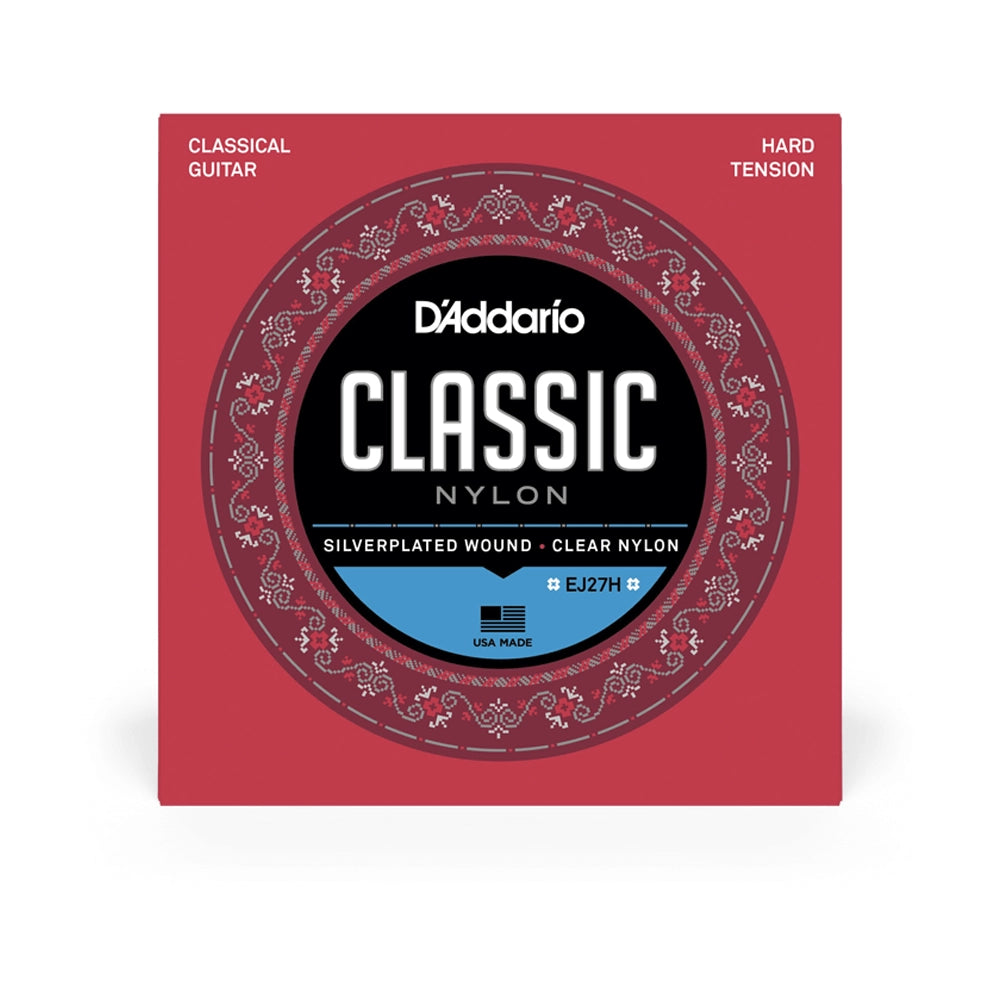 Packaging for D'Addario EJ27H Hard Tension Classical Guitar Strings with a red and blue design, indicating the tension and type of the strings.