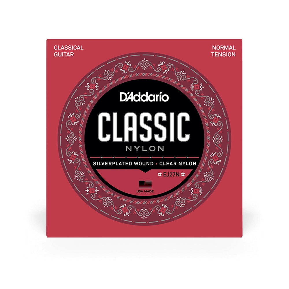 Packaging for D'Addario Classic Nylon clear nylon trebles, silver-plated copper wound strings with a red and black design.