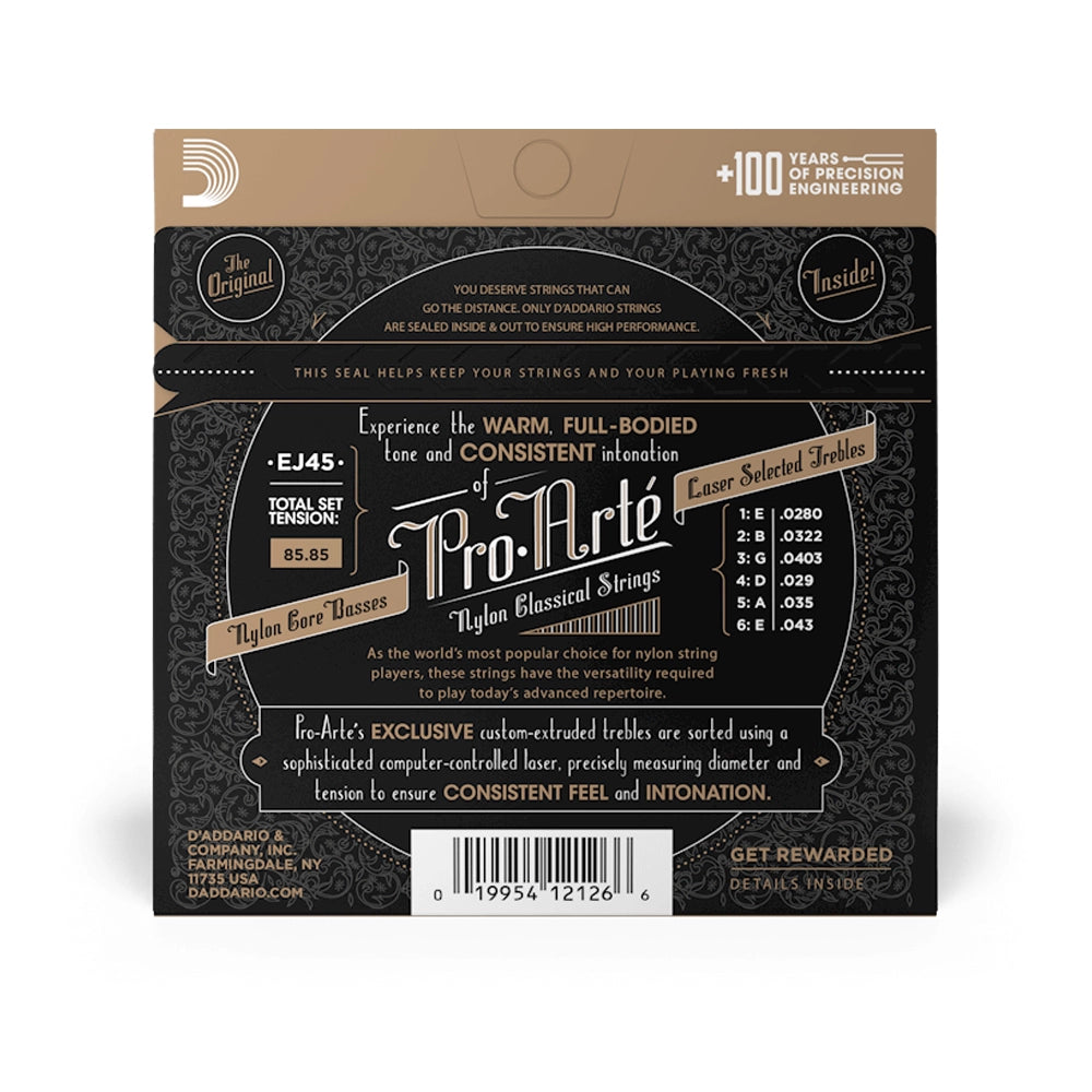 Back Packaging for D'Addario Pro-Arte EJ45 classical guitar strings with red and black color scheme, silver-plated copper text, and normal tension indication.