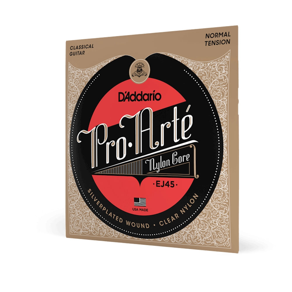 Front side angle, Packaging for D'Addario Pro-Arte EJ45 classical guitar strings with red and black color scheme, silver-plated copper text, and normal tension indication.