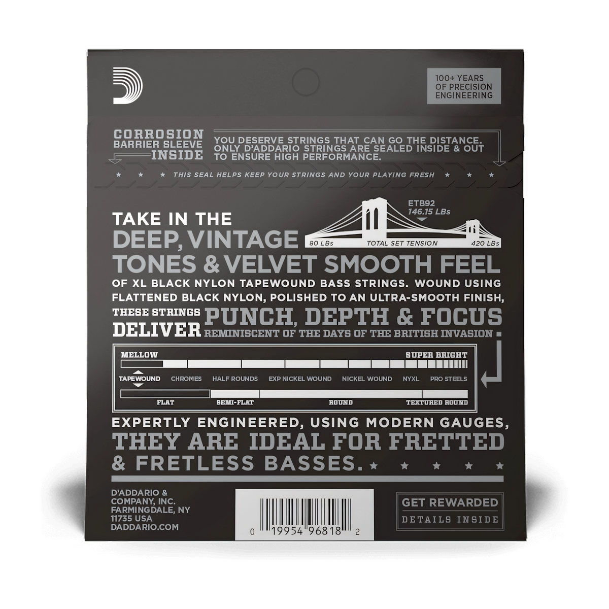 D'Addario ETB92 Nylon Tapewound Medium Gauge Bass Strings 50-105