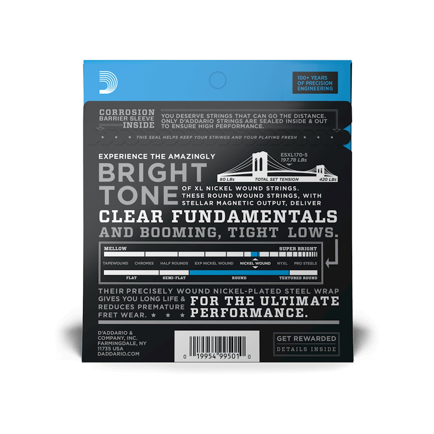 D'Addario EXL170 Regular Light Long Scale 5-String Bass Strings .045-.130