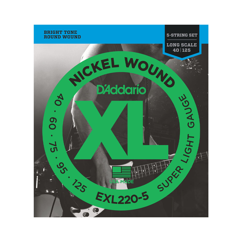Cuerdas de Bajo Eléctrico D'Addario EXL220-5 Super Ligero XL Niqueladas de Escala Larga